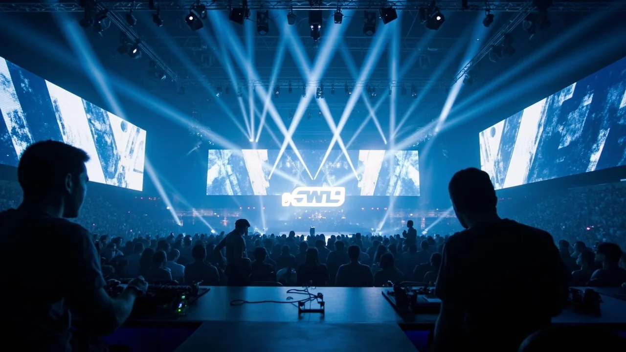 Editorial photograph of an esports tournament main stage with a single illuminated champions booth