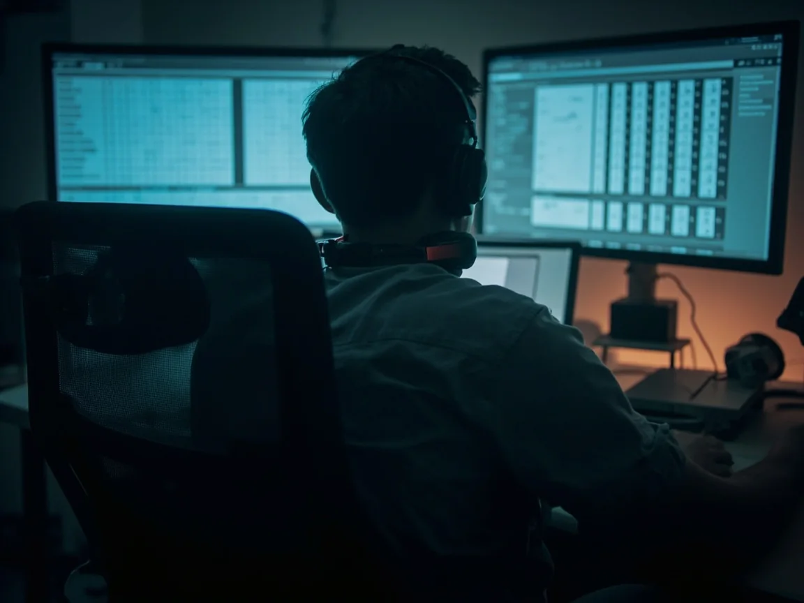 Cinematic photograph of an esports analyst at a broadcast desk with a large screen showing tournament results behind