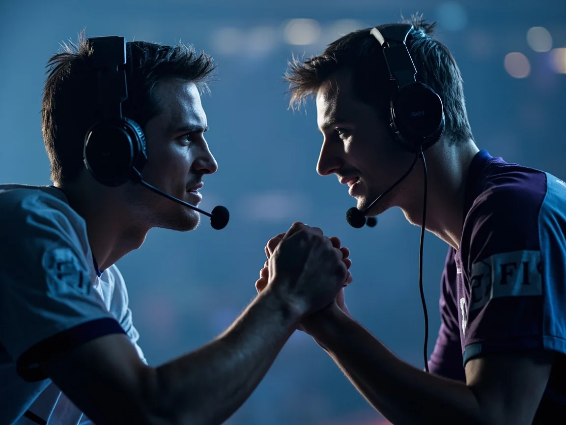 Editorial photograph of teams shaking hands after a five-versus-five esports match