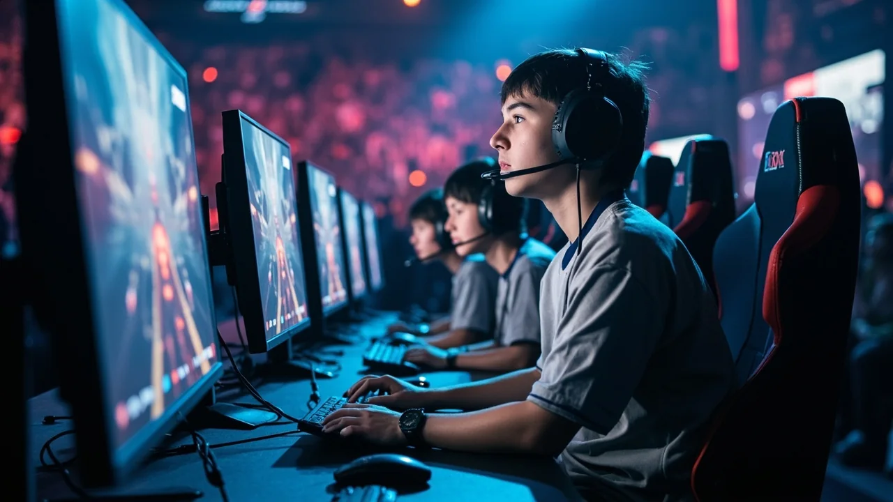 Editorial wide photograph of a five-versus-five esports match setup on a professional stage