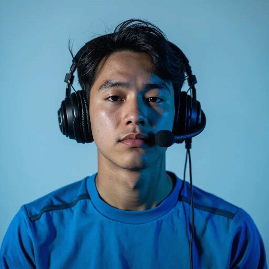 Tight editorial portrait of a competitive esports player wearing a headset at a tournament desk