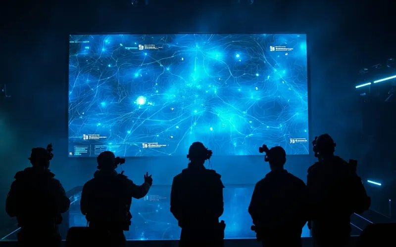 Tactical map board with match analysis on a large overhead display screen